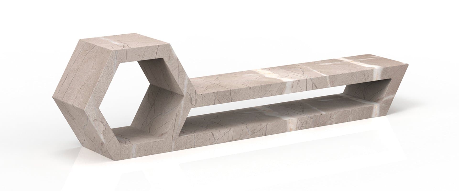 Mesa de centro de mármol con forma hexagonal sobre fondo blanco