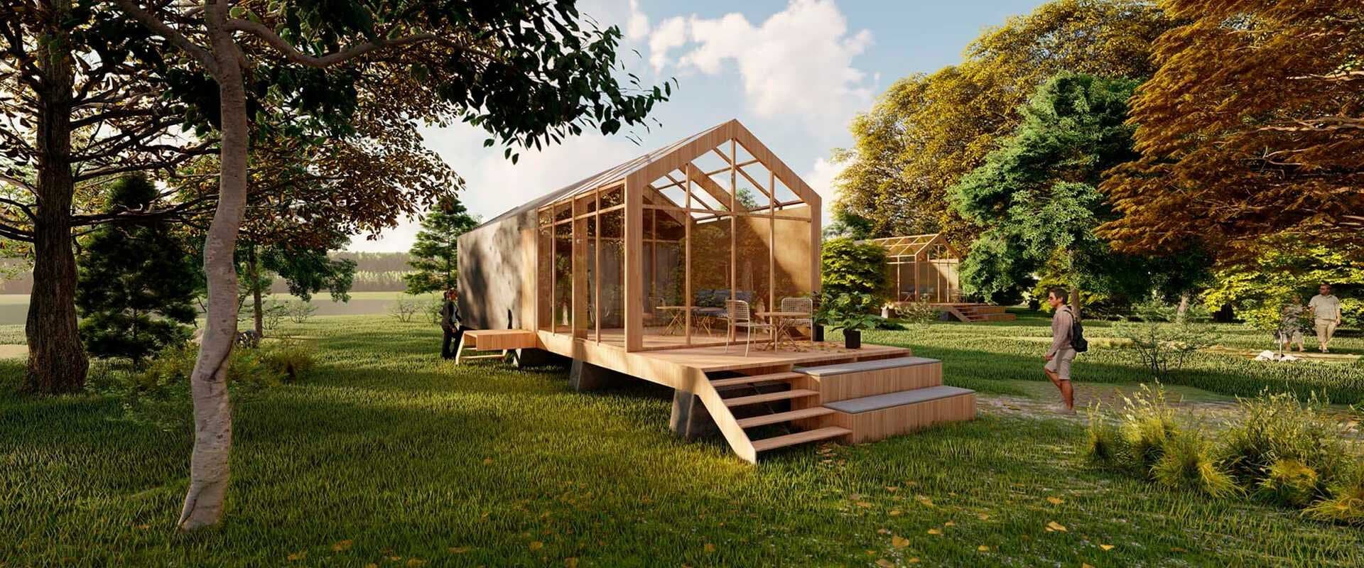 Cabaña prefabricada de madera con grandes ventanales sobre una terraza elevada, en un jardín arbolado (render)