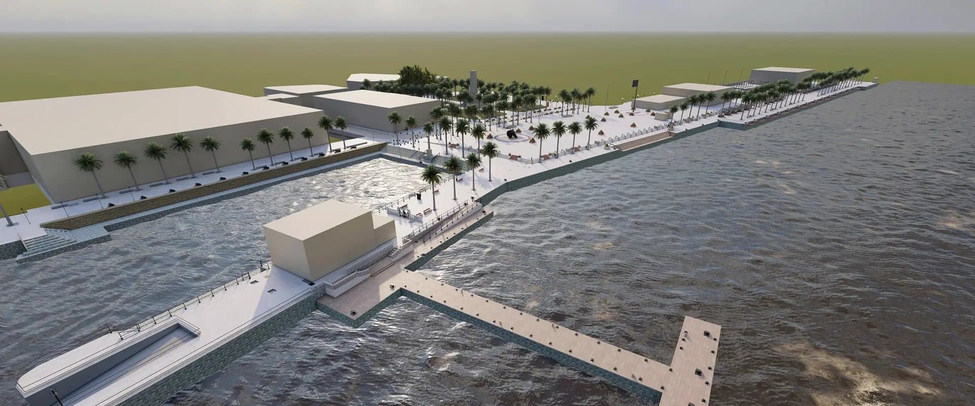 Render de un paseo marítimo urbano con palmeras, zonas ajardinadas y pérgolas de madera