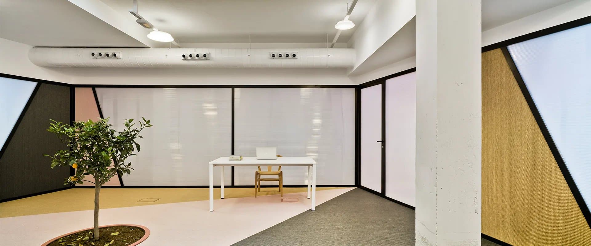Espacio de oficina minimalista y colorido con un limonero junto a la mesa de trabajo