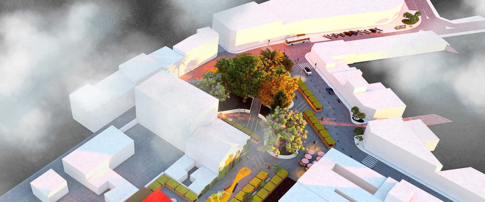 Render aéreo de una plaza urbana arbolada rodeada de edificios