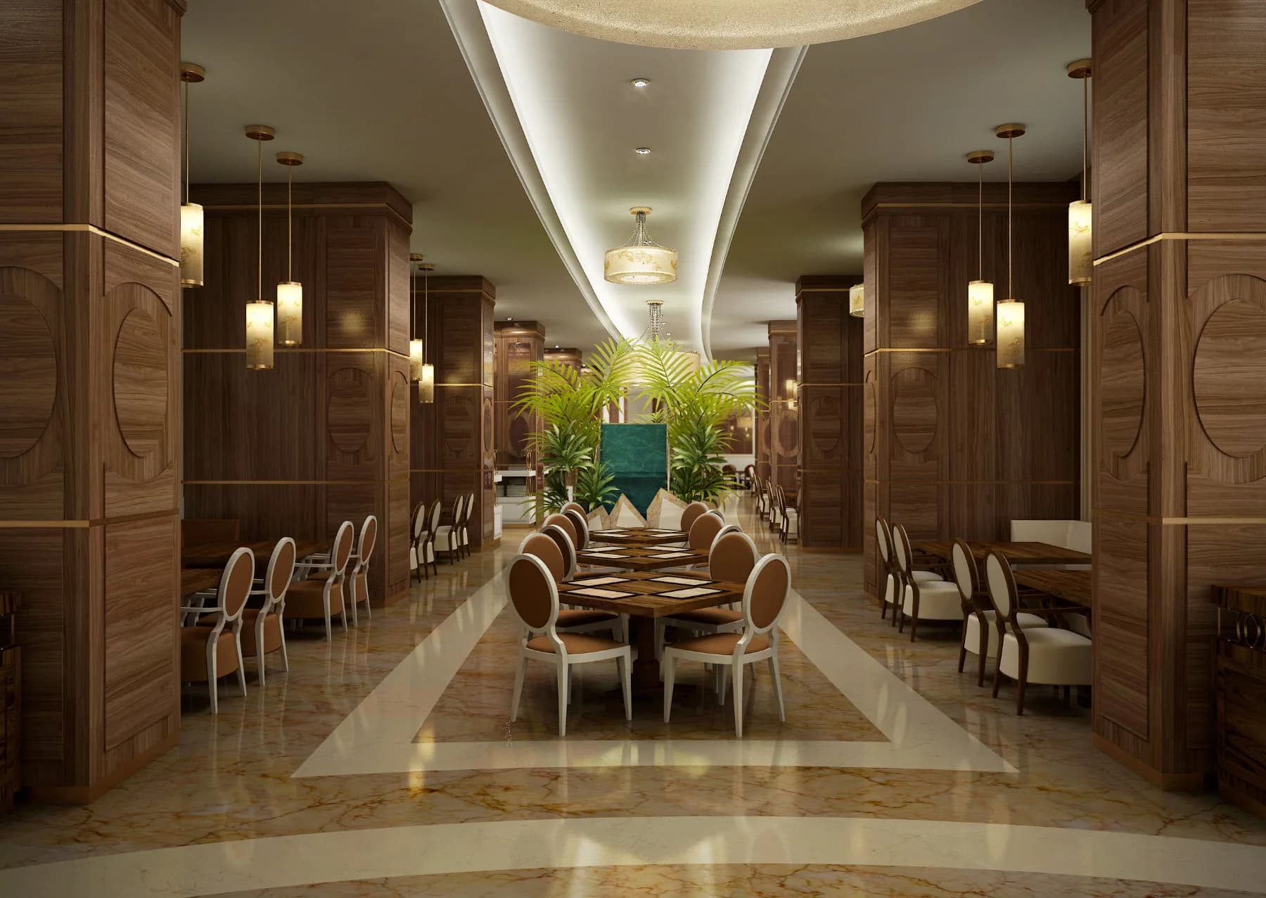Comedor de restaurante con columnas y paneles de madera oscura, mesas redondas y lámparas colgantes