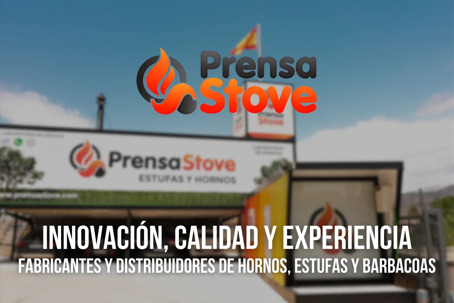 Fachada de la tienda Prensa Stove con su logotipo de llama sobre fondo de cielo azul