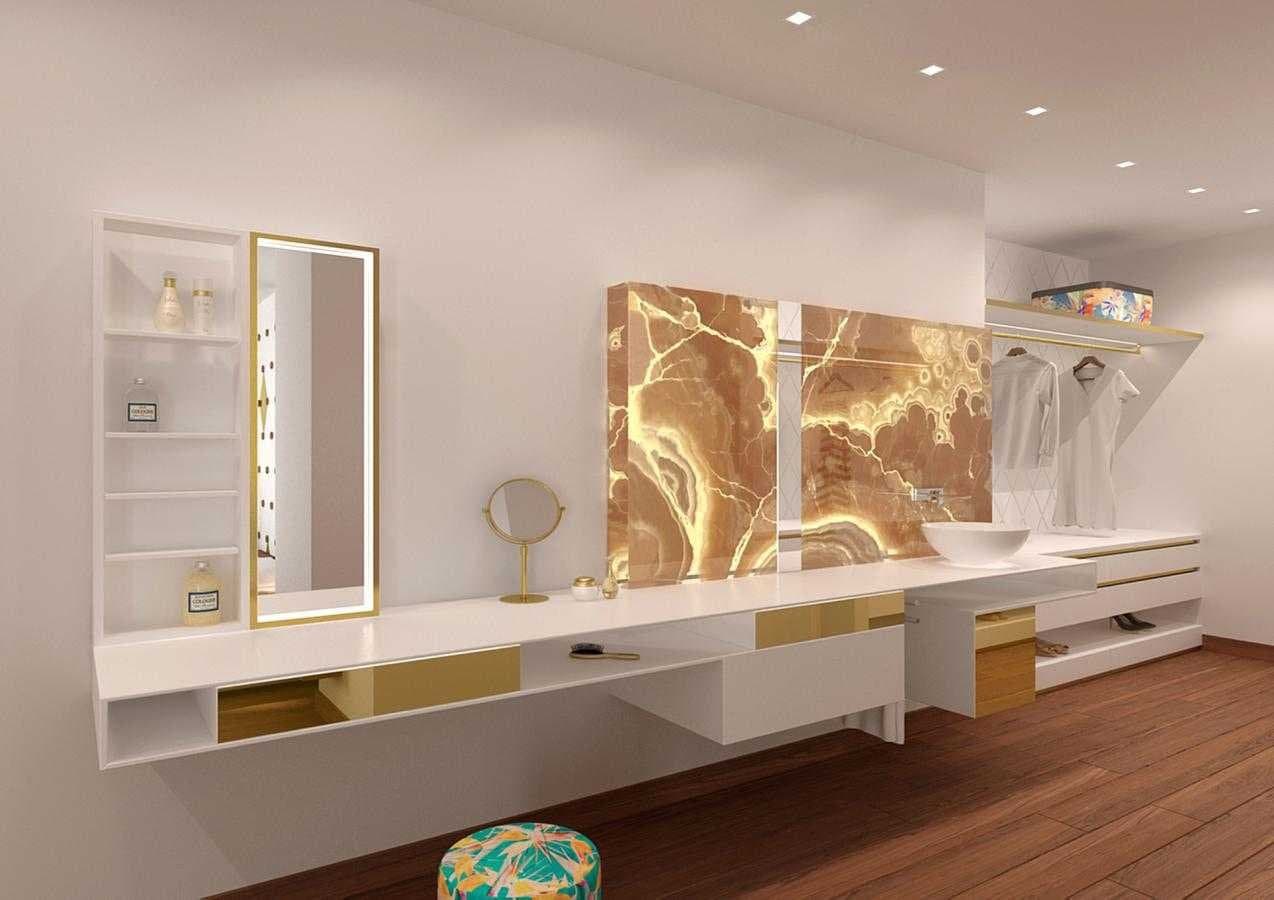 Mueble de baño con panel de ónix retroiluminado en tonos cobrizos
