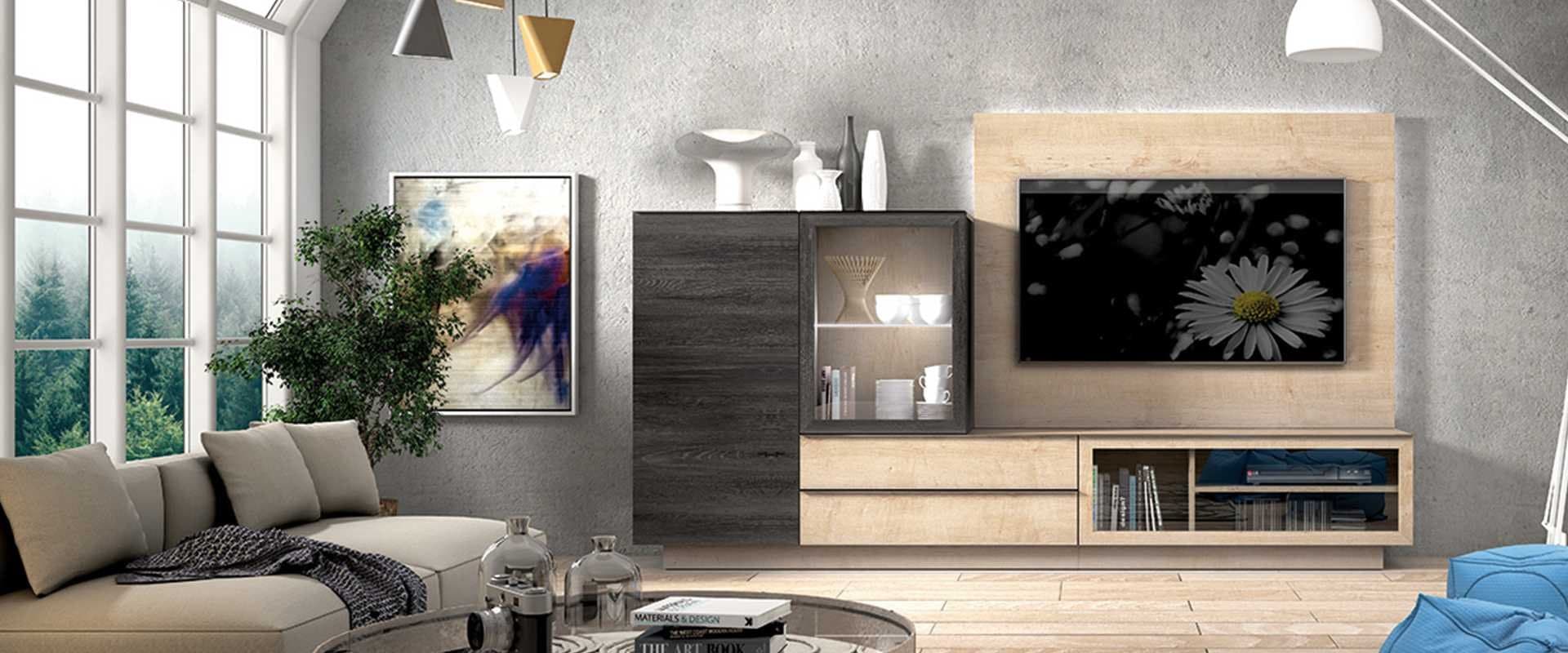 Salón con mueble modular en madera clara y oscura con televisor integrado