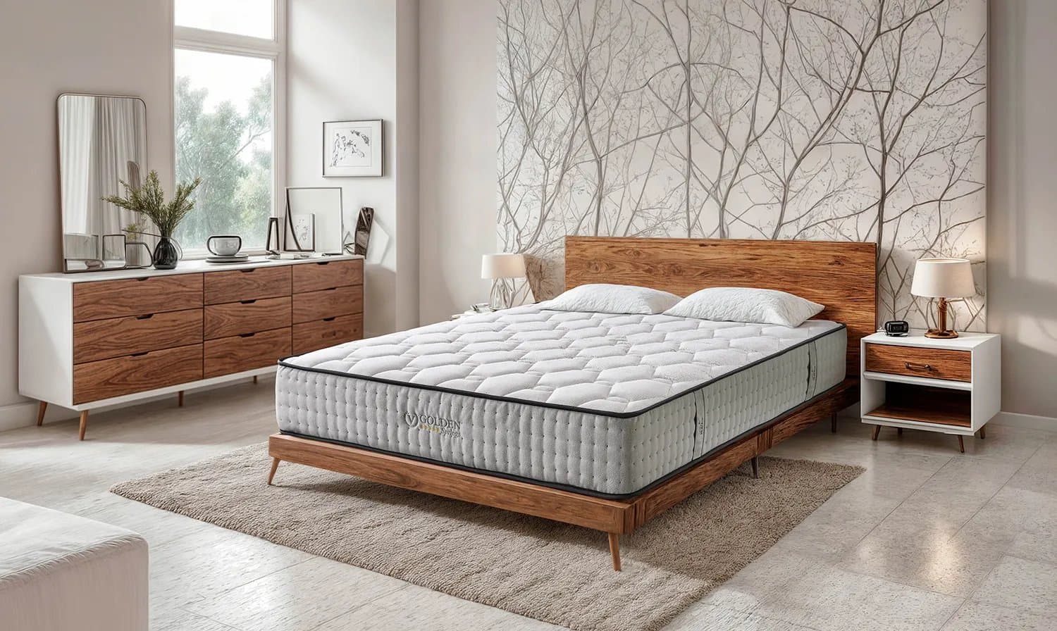 Dormitorio con cabecero de madera, papel pintado floral y colchón de la marca Golden